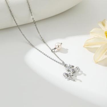 Imagem de Colar feminino com pedra do mês de nascimento - Pingente de cavalo banhado a ouro branco, delicado, hipoalergênico, não mancha, à prova d'água, presentes de aniversário personalizados, joias modernas