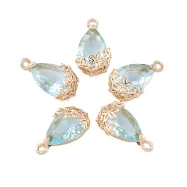 Imagem de Pingentes de vidro transparente turquesa pálida, lágrima facetada com flor, pingentes pendentes com pingentes de latão dourado claro, artesanato para brincos faça você mesmo, colar de joias, acessório