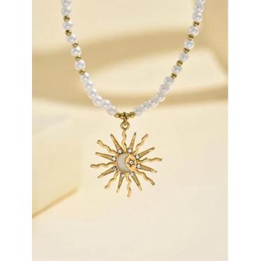 Imagem de Colar com pingente de sol estilo boêmio incrustado com strass, estrelas e lua, colar de contas de vidro branco, joia moderna para presente