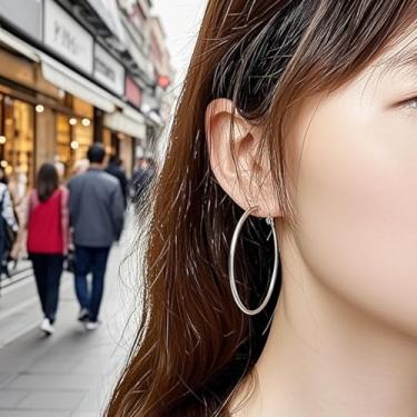 Imagem de Brincos de argola para mulheres, brincos de argola de aço inoxidável, laços leves, círculo de 2 mm de espessura infinito, brincos de argola redondos finos para mulheres LZS-B003C-50+prata-1