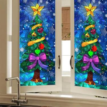 Imagem de HOMETITUTE Película de privacidade para janela de árvore de Natal, vitral decorativo, adesivo de vidro não adesivo para casa, escritório, banheiro, quarto, sala de estar, 17,7 x 39,3 polegadas