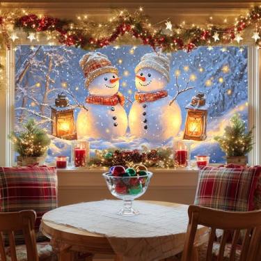 Imagem de HOMETITUTE Película para janela de vitral boneco de neve casal Natal inverno cena decorativa adesivos de vidro festivo filme de privacidade para porta de casa 100 × 48 centímetros