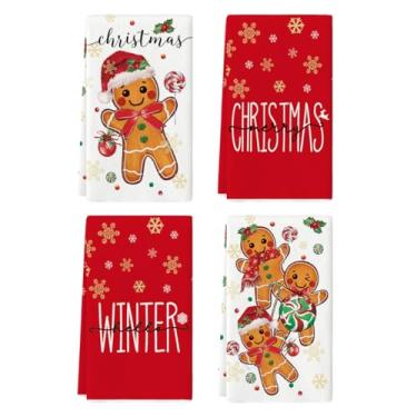 Imagem de Pão de gengibre doce Feliz Natal toalhas de cozinha, 45,7 x 66 cm, férias de azevinho, bola de Natal, decoração de inverno, toalhas de mão, conjunto de 4