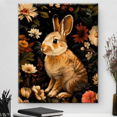 Imagem de Arte de parede botânica de coelho vintage emoldurada - Decoração de parede com flores escuras Academia para sala de estar quarto casa 20 x 25 cm