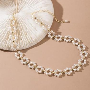 Imagem de Mini colares elegantes de pérolas falsas, flores, corrente de clavícula, colar de fio curto, moda, vintage, pérola, noiva, casamento, joias, acessórios boêmios, presente de festa para mulheres amigas