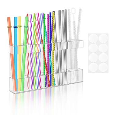 Imagem de Suporte de canudo acrílico de 24 cm para armário, organizador de canudo reutilizável com fita adesiva dupla face, recipiente de armazenamento de canudos, ideal para balcão de cozinha, armário e