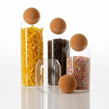 Imagem de Conjunto Com 4 Potes De Vidro Transparente Com Tampa Esférica De Cortiça Natural – Recipientes Herméticos Para Cozinha, Grãos e Biscoitos