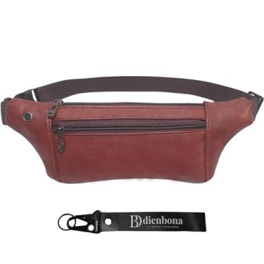 Imagem de Bolsa de cintura fina de couro legítimo, bolsa de viagem transversal com alça ajustável e chaveiro, Castanho, 13" x 4.5" x 0.4", Pochete vintage