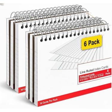 Imagem de 1InTheOffice Cartões de índice encadernados em espiral 4x6, cartão de índice pautado, cartão de índice forrado, branco, 50 cartões/pacote, pacote com 6