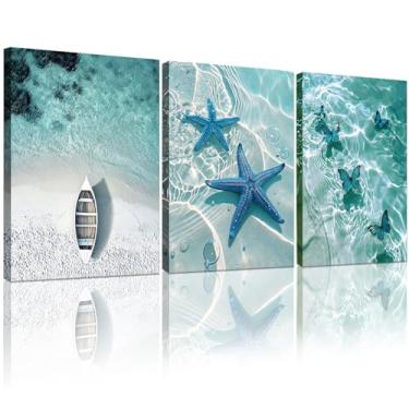 Imagem de Arte de parede do oceano, praia, impressão em tela, estrela-do-mar, concha, pinturas, paisagem marítima, imagem azul borboleta, arte para casa, cozinha, banheiro, sala de estar, decoração de parede