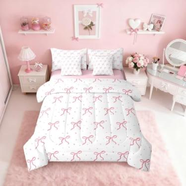Imagem de Erosebridal Conjunto de cama casal de 7 peças com laço rosa para meninas, conjunto de edredom de desenho animado com laços femininos com lençóis, cama de princesa sonhadora em uma bolsa, 2 fronhas