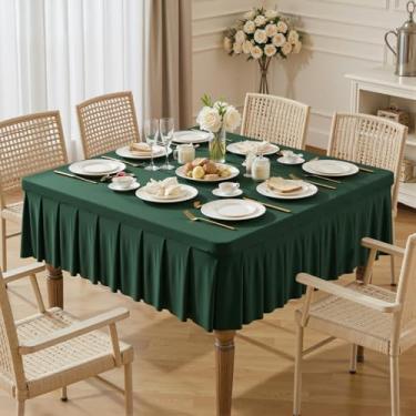 Imagem de Toalhas de mesa de elastano verde Hunter para mesas quadradas de 152 x 152 cm, roupas de mesa elásticas com saia plissada com babados para mesa de 152 cm, sem rugas e elásticas, para festa, cozinha