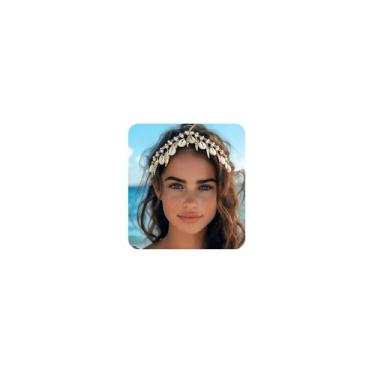 Imagem de Teyglen Corrente de cabeça de folha de ouro boêmio com pingente de concha de verão para festa na praia, festival, vintage, pérola, cabeça, bijuteria, tiara para mulheres