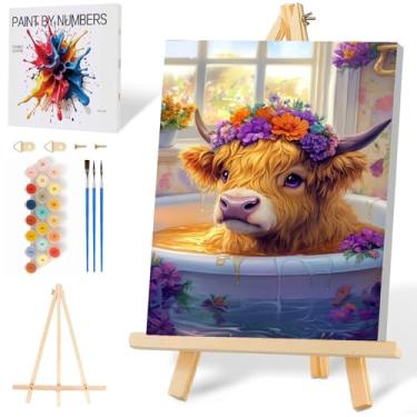 Imagem de Mowana Kit de pintura por números para adultos iniciantes, pintura de vaca por número tela emoldurada com cavalete de madeira, artesanato adulto DIY pintura a óleo árclica 20 x 30 cm