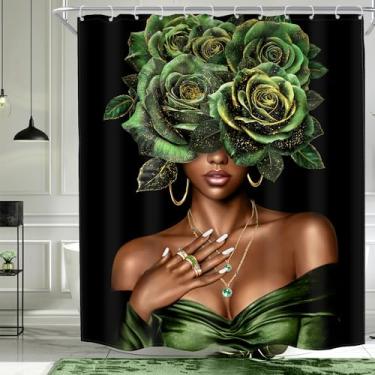 Imagem de MESHELLY Cortina de chuveiro afro-americana 60Wx72H Black Lady Girl Afro Woman Green Gold Rose Blossom Cortina de banheiro flor peônia floral bonita cortina de banho acessórios de banheiro decoração
