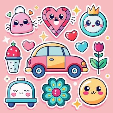 Imagem de Adesivos Kawaii Infantis Decorativos para Quarto e Cadernos com Temas de Corações Flores Carros e Morangos 40x40cm