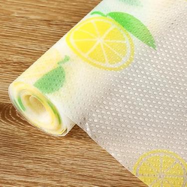 Imagem de Forro de prateleira com estampa de limão com folha verde – gaveta e forro de armário à prova d'água não adesivo – papel decorativo de prateleira de cozinha para despensa, armário, bancada