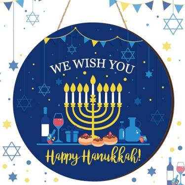 Imagem de CroBlissful Happy Hanukkah Placa de boas-vindas de madeira para pendurar chanucá castiçal estrela azul gancho de porta da frente para decoração de janela de varanda interna e externa
