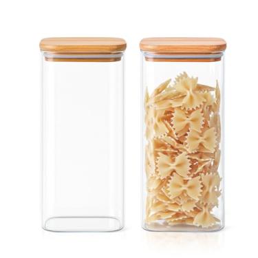Imagem de kit 2 pote vdro bambu hermético 1,6L quadrado cozinha grande alimentos colher mantimentos decoração organização