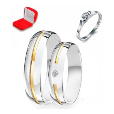 Imagem de Par De Alianças Detalhe De Ouro 18k Casamento Noivado Namoro - Euro Im