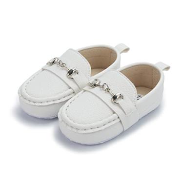 Imagem de Mocassins infantis de couro PU para bebês meninos e meninas primeiro andar berço, leve, sola plana antiderrapante, Branco, 12-18 Months Toddler