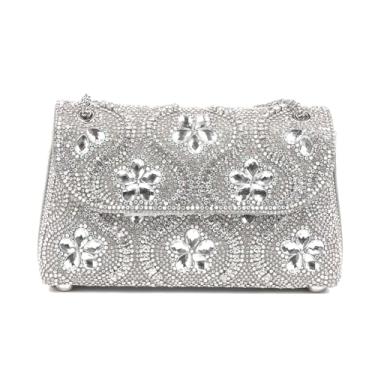 Imagem de YAPAIOU Bolsa clutch de cristal de strass de flor bolsa de ombro brilhante para noite de casamento, festa de formatura, noiva convidada, Narciso - prata
