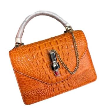 Imagem de Bolsa feminina de couro de crocodilo genuíno da moda com corrente de couro de jacaré autêntica bolsa de ombro cruzada feminina pequena bolsa laranja