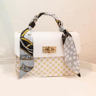 Imagem de Bolsa transversal com corrente e fecho magnético, carteira feminina, moderna, estampa retrô, bolsa de ombro nas axilas, alça de ombro removível, Branco, Branca