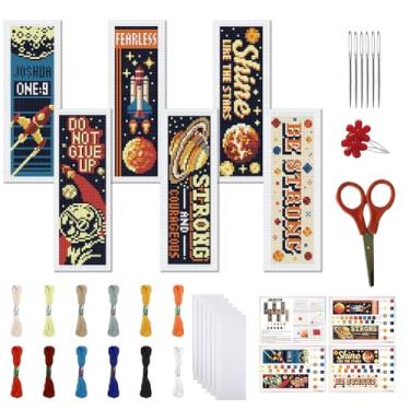 Imagem de FREEBLOSS Conjunto de 6 kits de marcadores de página de ponto cruz retrô com estampa de universo kit de bordado de 11 CT com instruções para iniciantes 20 x 6 cm
