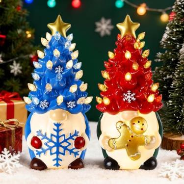 Imagem de Riakrum 2 peças de decoração de gnomo de Natal iluminado com homem de gengibre, placa de flocos de neve 21,6 cm estatueta de gnomos iluminados de resina com 46 luzes multicoloridas para decoração de