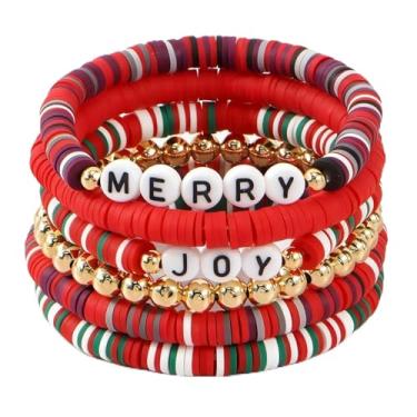 Imagem de SHINUS BOHO Pulseiras femininas com contas de surfista Heishi para o dia de Natal, empilhável, disco de vinil, argila, camadas elásticas, amizade, joias de inverno, presentes, 7.0, Sem Pedra Preciosa