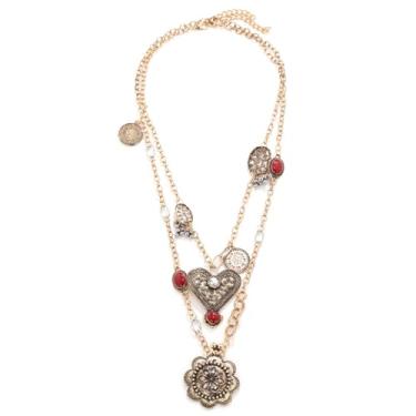 Imagem de LUREME Colar vintage de camada dupla para mulheres, pingente de coração e flor grande, ouro antigo, corrente ajustável em camadas boêmias (nl006393)