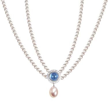 Imagem de Colar feminino em camadas de pérolas de ouro, prata S925 com revestimento de ouro 14K, ajustável 14 + 2 correntes, design elegante de camada dupla, caixa de presente incluída