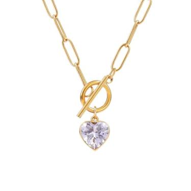Imagem de TaYolnFaSo Colar feminino com pingente de coração com clipe de papel, banhado a ouro 18K, pedra natural/zircônia cúbica, joia de coração, presente para esposa, namorada, filha, Banhado a ouro real 18K