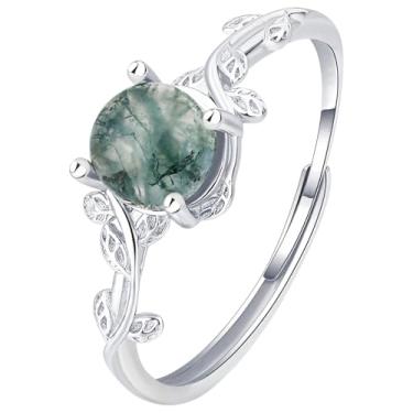 Imagem de Anel de ágata musgo natural, prata esterlina 925 ajustável com design botânico complexo, ideal para anéis de compromisso femininos