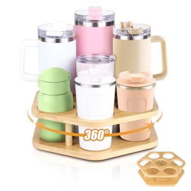 Imagem de ByNaRIX Organizador de garrafa de água para copo Stanley, organizador giratório de copos Stanley com 7 compartimentos para armários de cozinha, suporte organizador de copo de madeira para acessórios