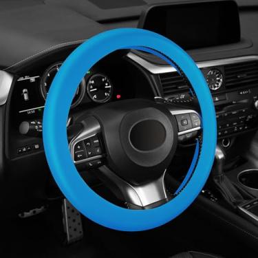 Imagem de alpmosn Capa de volante de silicone antiderrapante, capa protetora de silicone macio para rodas de 35,5 cm/38,5 cm, acessórios interiores de carro (azul)