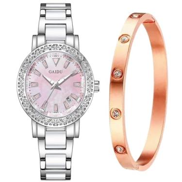 Imagem de Kchss Relógio feminino com mostrador romano, pulseira de aço inoxidável, conjunto de relógio de pulso feminino, Bb. Prata, rosa, data