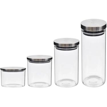 Imagem de Conjunto de Potes de Vidro com Tampa de Aço Inoxidável, 4 Peças, Hermético, Organizador de Cozinha para Armazenamento de Temperos, Transparente, Tamanhos Variados