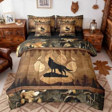 Imagem de Homewish Jogo de cama com estampa de pata de lobo selvagem, folhas botânicas, casa de fazenda, para todas as estações, lençol de cima, lençol com elástico, 2 fronhas, 2 fronhas, Queen