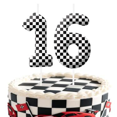 Imagem de Velas de aniversário número 16 de carros de corrida, preto e branco, topo de bolo com tema de bandeira quadriculada para meninos e meninas, decorações de bolo para aniversários, suprimentos de festa