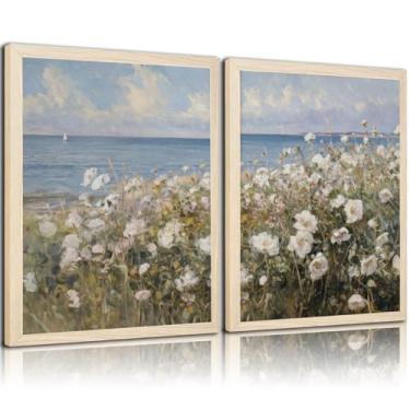Imagem de 2 peças de arte de parede de paisagem emoldurada, tela floral costeira, pintura de pôster de cenário de praia para sala de estar, quarto, galeria, decoração de casa, 30,5 x 40,6 cm, pronto para