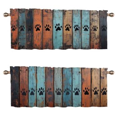 Imagem de WUQIANQ Conjunto de 2 cortinas de cozinha de pata de cachorro rústica vintage com bolso de vara de madeira decorativa pequena para janela, sanefa para café, sala de estar, banheiro, janela, sanefas