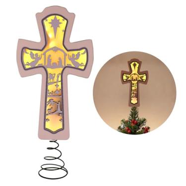 Imagem de ARQRHTLY Topo de árvore de Natal iluminado, design de presépio em forma de presépio em forma de presépio com silhueta oca, topo de árvore brilhante para decoração de árvore de Natal e sagrado