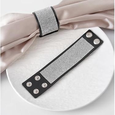 Imagem de Conjunto de 12 anéis de guardanapo de diamante prateado, strass, couro PU, retrô, porta-guardanapo para Natal, Ação de Graças, aniversário, feriado, festa de mesa, mesa de casamento