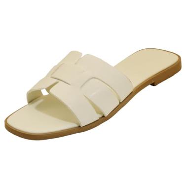 Imagem de Sandálias rasteiras femininas, chinelos femininos de couro com alça cruzada, sapatos elegantes e confortáveis, elegantes para o verão, outono, primavera, fofo, bico aberto, calçado casual, Branco, 35