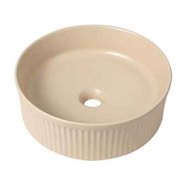 Imagem de JONATHAN Y SNK1006G 37,5 cm pia redonda para vaso de banheiro, tigela de cerâmica bege fosca moderna acima do balcão com exterior canelado, lavatório de designer Art Deco para lavabos