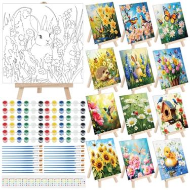 Imagem de Tenceur 12 conjuntos de telas pré-desenhadas para pintar pintura esticada para crianças e adultos painéis de lona com cavalete de design e pincéis para artigos de festa para iniciantes (jardim)