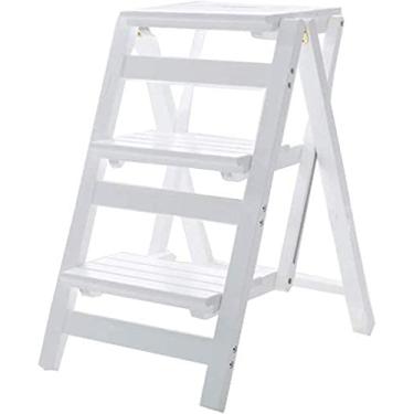 Imagem de Banqueta de madeira para casa espaço duplo banco de cadeira escada dobrável de madeira escada multifuncional 3 bancos, prateleiras dobráveis/cor nogueira (branco)