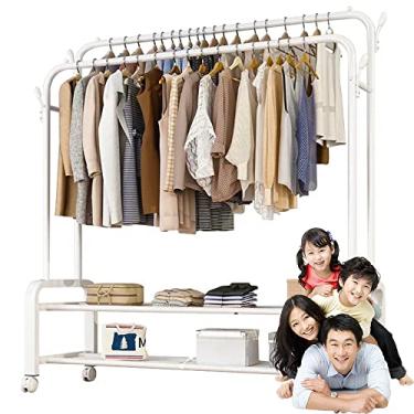 Imagem de Trilho de roupas de vestuário sobre rodas, carrinho de armazenamento de roupas, carrinho de rodinhas independente, com trilho duplo e ganchos, prateleiras para roupas e sapatos, forte e resistente